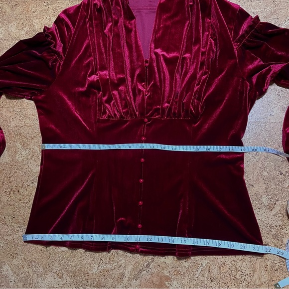 Scarlet Darkness Red Velvet Victorian Lantern Sleeve Button Down Blouse Sz 2XL - Picture 9 of 11
